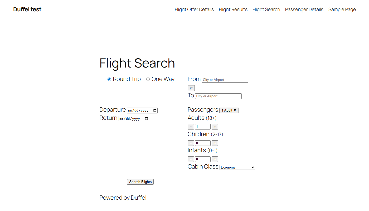 WordPress page showing the Duffel flight search shortcode