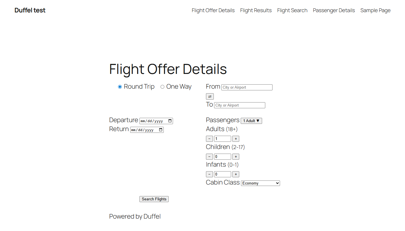 WordPress page showing offer details for a selected flight